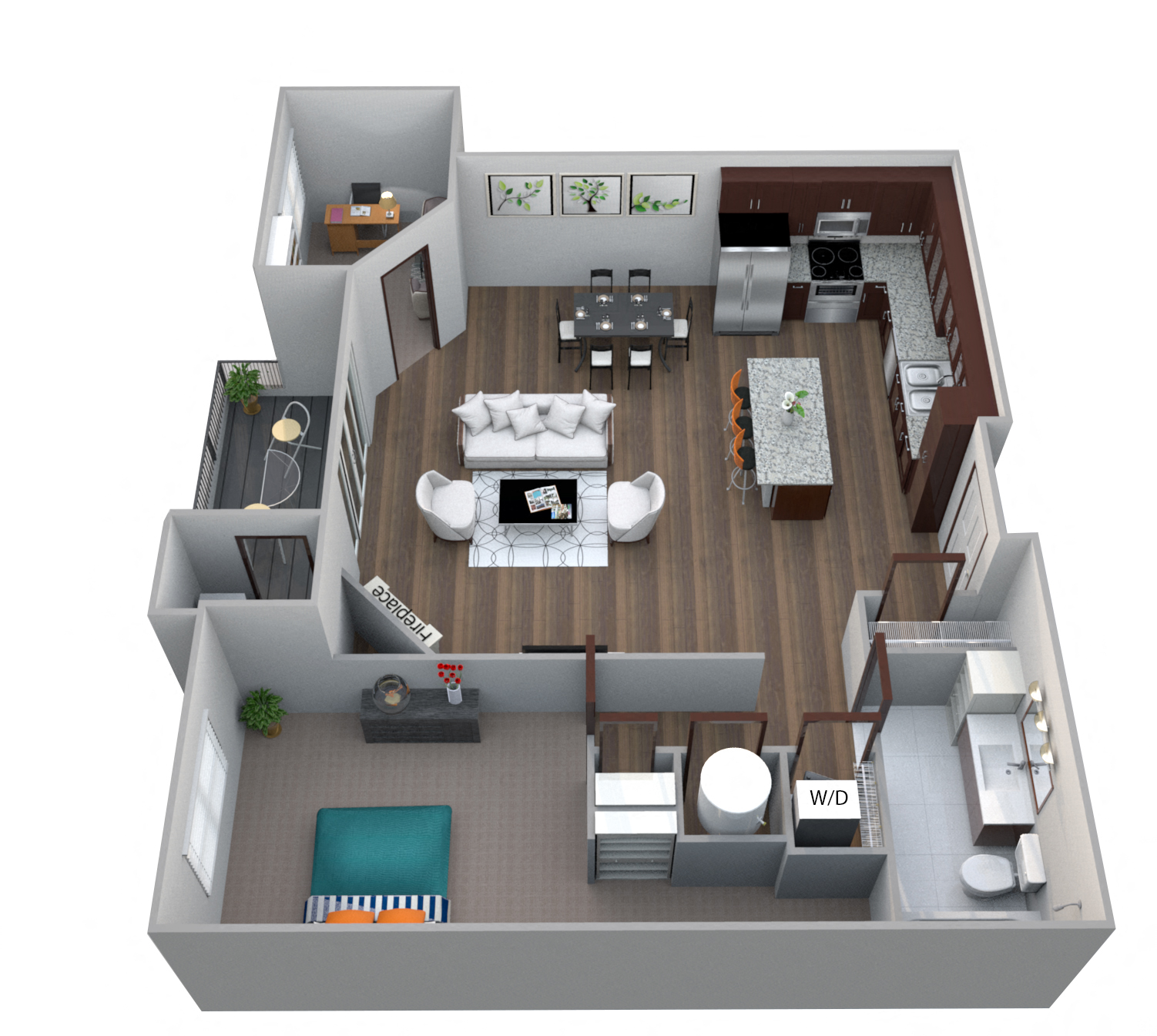 Floor plan for 1 bed, 1 bath, 967 sqft